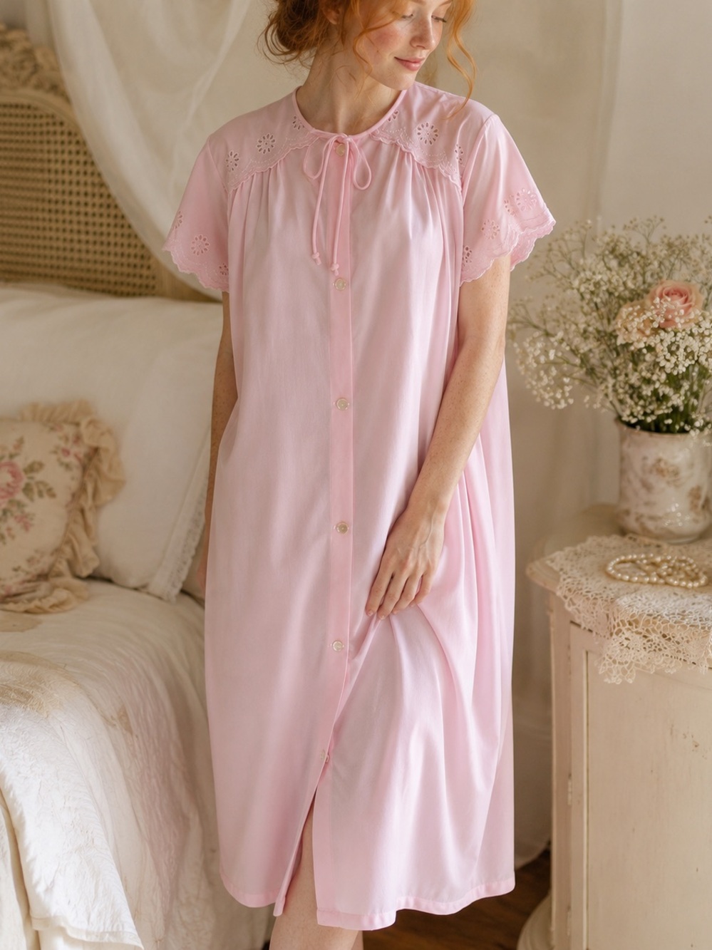 Vintage Pink House Dress Nightgown Eyelet Trim Cottagecore Grannycore L/XL